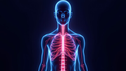 A person's torso with highlighted internal anatomy including skeletal structure and respiratory system, emphasizing VNS (Vagus Nerve Stimulation).