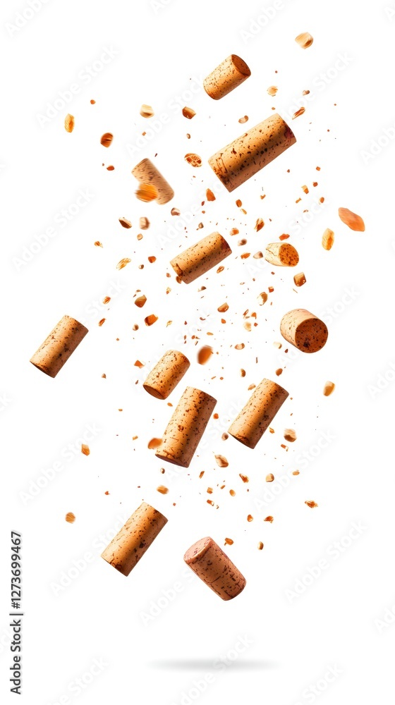 Poster abstract composition of wine corks and fragments floating in air on a clean white backdrop