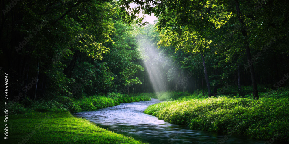 Poster a tranquil river meanders through a lush green forest, illuminated by soft rays of sunlight filterin