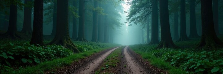 Obraz premium A winding dirt road disappears into the depths of a dense forest, dirt road, mysterious, misty atmosphere