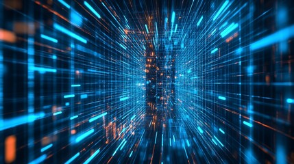 Dynamic Blue Neon Data Stream Flow with Abstract Light Effects and Technology Theme : Generative AI