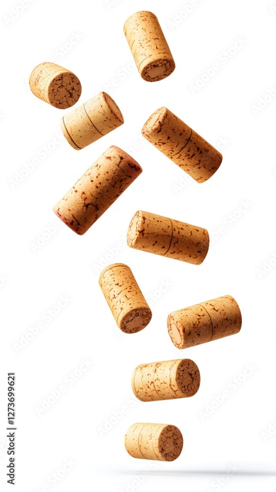 Poster wine corks in midair creating a dynamic composition on a clean white background