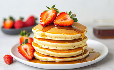 Delicious stack of fluffy pancakes topped with fresh strawberries and maple syrup, perfect for breakfast or brunch.