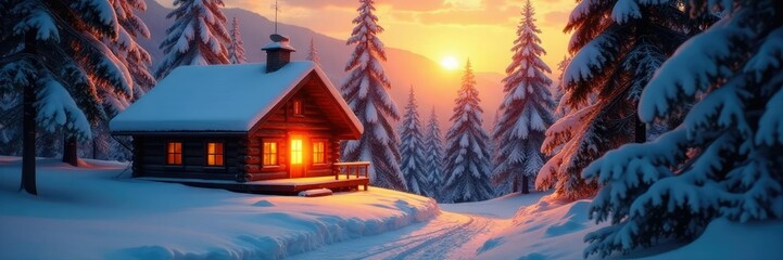 Warm golden light from the cabin's chimney dances across snow-covered trees, chimney, fire