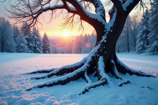 Twisted tree roots in snowy landscape with sun's reflection, winter, snow, twisted