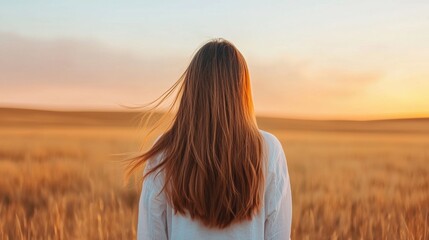 Serene Woman Enjoying Sunset in a Wheat Field with Gentle Breeze in the Air