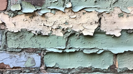 Fototapeta premium A weathered brick wall with peeling paint and faded colors, showing layers of old paint and cracks in the surface