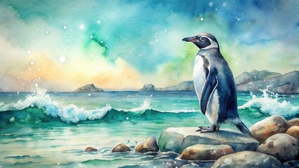 Obraz premium Serene coastal watercolor painting of a penguin perched on rocks, overlooking a vibrant ocean scene with gentle waves and a picturesque sunset sky.