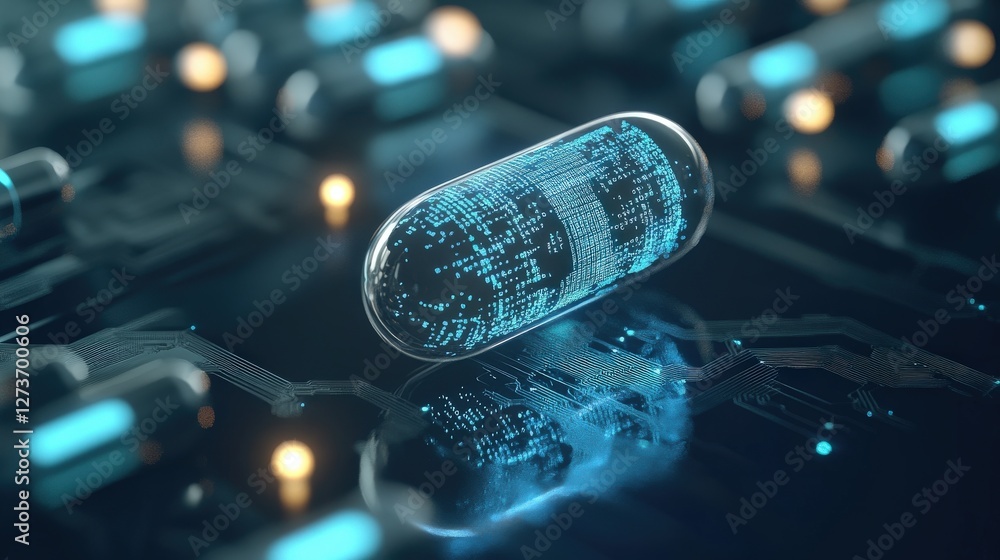 Poster futuristic digital capsule surrounded by technology and circuitry