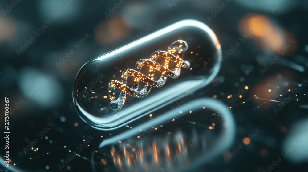 Poster transparent capsule with glowing dna helix inside for science concept