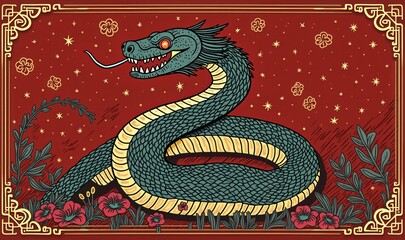 Obraz premium Vibrant illustration of a mythical snake in a decorative style. Perfect for cultural celebrations, artwork, or marketing materials related to tradition and folklore.