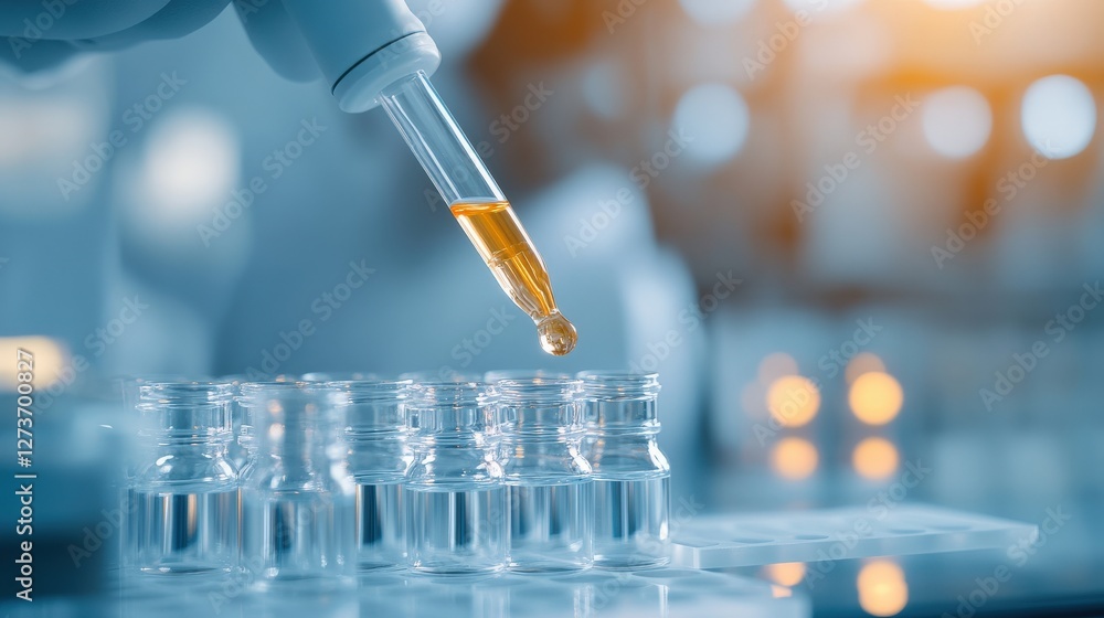 Poster precision dropping of liquid from pipette into glass vials in lab