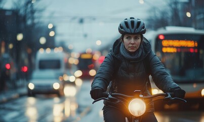Urban cyclist commuting on bicycle in city at dusk, with traffic and public transportation in background, promoting eco friendly mobility and sustainable transportation alternatives to
