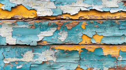 Obraz premium A weathered brick wall with peeling paint and faded colors, showing layers of old paint and cracks in the surface