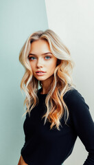 Fototapeta premium Elegant blonde woman in a black outfit posing in natural sunlight against a bright background.