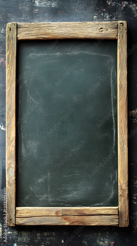 Poster Rustic Chalkboard with Wooden Frame on a Dark Textured Surface Perfect for Message Display