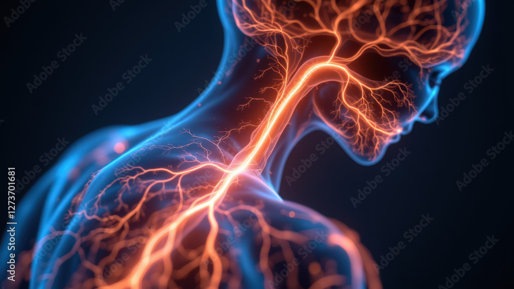 Poster 3d rendering of a human head with illuminated neck and shoulder area showing effects of vagus nerve 