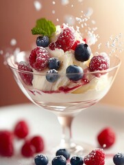 Fresh berry dessert topped with cream and mint sits elegantly in a glass bowl under warm lighting