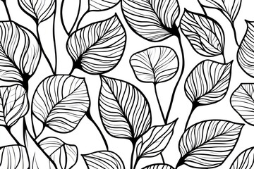 Elegant black line art leaves pattern; nature background; design template