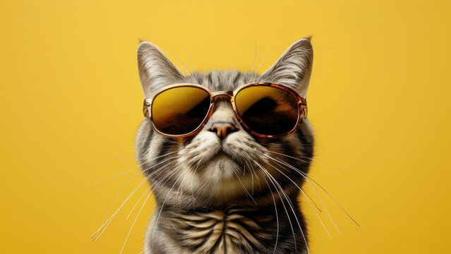 A stylish cat wearing sunglasses against a vibrant yellow background.