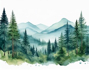 Fototapeta premium watercolor forest tree illustration mountain landscape woodland pine trees green forest