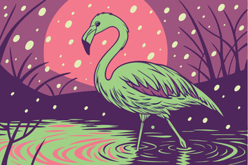  Neon green flamingo, vibrant tropical bird, glowing feathers, sunset reflection, rippling water, falling snow, winter scene, magical atmosphere, surreal colors, cinematic lighting, high contrast, d
