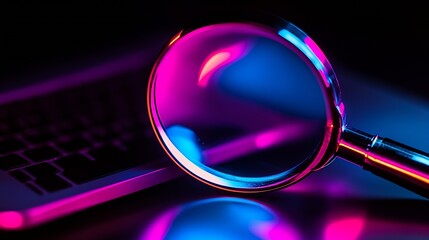 Stylish magnifying glass displaying neon hues over keyboard : Generative AI