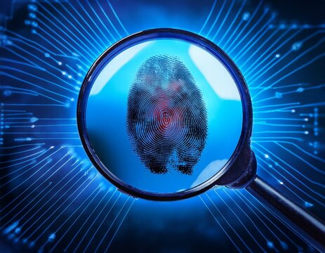 magnifying glass looking at fingerprints on a blue background technology in scientific forensics dna forensics