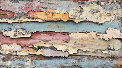Fototapeta premium A weathered brick wall with peeling paint and faded colors, showing layers of old paint and cracks in the surface
