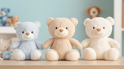 Adorable collection of soft teddy bears in pastel colors on a wooden table against a light blue background