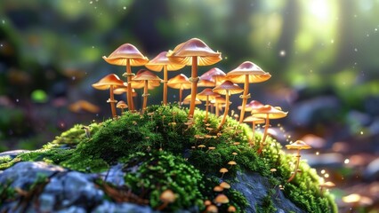 Obraz premium A cluster of vibrant mushrooms growing in a serene forest setting.