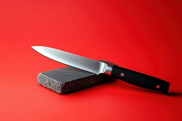 Knife rests on a stone block against a red background