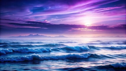 Obraz premium Serene Ocean Waves Rolling Under a Vivid Purple and Blue Sunset Sky