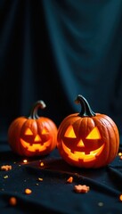 Obraz premium Jack o lanterns against black velvet background, lighting, darkness
