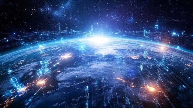 Global internet network and iot connectivity with earth visualization, futuristic digital communication technology concept