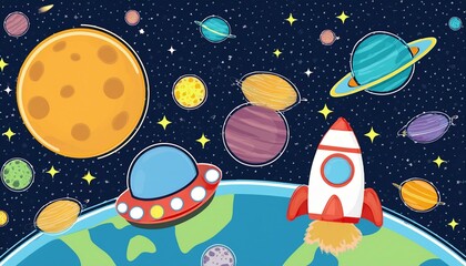 outer space background  illustration cosmos with spaceship cartoon style