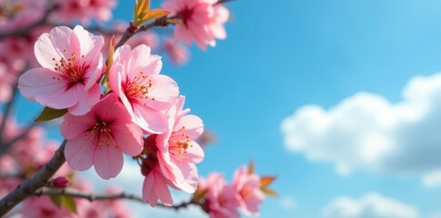 Obraz premium lush peach blossoms on a tree against a clear blue sky with fluffy clouds, nature, blooming