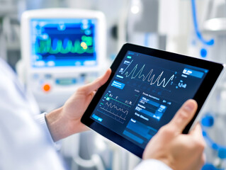 A healthcare professional analyzes patient data on a tablet, showcasing advanced medical technology in a clinical environment.