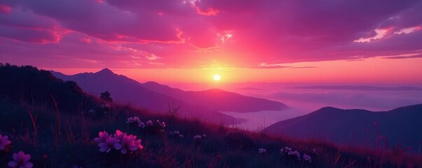 Purple hues bleed into the sky as sunset fades, soft, warm, ambient