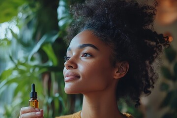 Haircare Treatment. Black woman applying serum or essential oil, caring for damaged dry hair, sitting in bathroom at home. Morning beauty routine