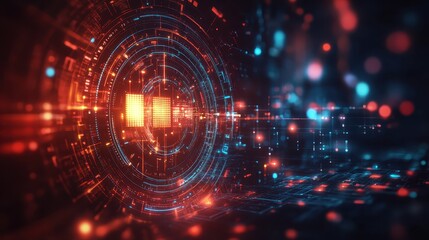 Fototapeta premium Abstract technology scene with concentric neon rings and electric pathways