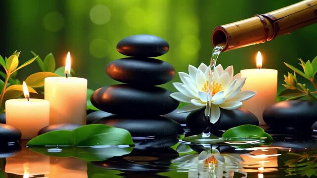 Zen Bamboo Fountain Surrounded by Rocks and Water