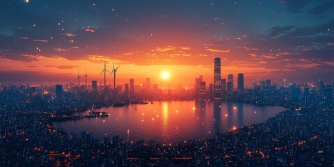 Sustainable City Skyline with Renewable Energy  
