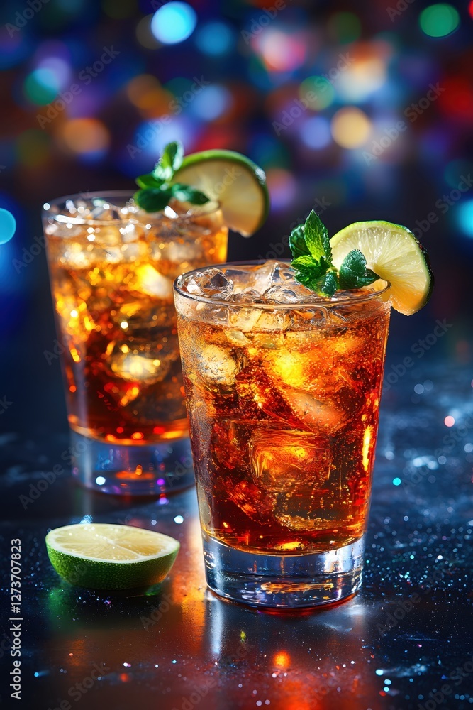 Poster refreshing cocktail with lime and mint on a sparkling surface with festive bokeh lights