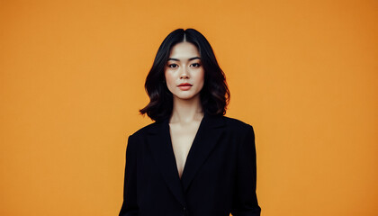 Elegant woman with dark brown hair in a black blazer posing against a warm orange backdrop.