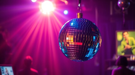 Obraz premium Stunning Colorful Disco Ball with Volumetric Lighting Creating an Electrifying Party Atmosphere