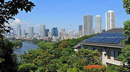 Fototapeta premium Urban skyline view with solar panels cityscape photography daytime aesthetic sustainability