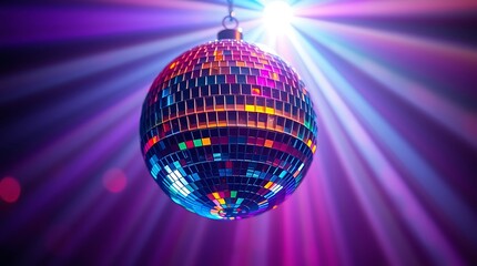 Obraz premium Stunning Colorful Disco Ball with Volumetric Lighting Creating an Electrifying Party Atmosphere