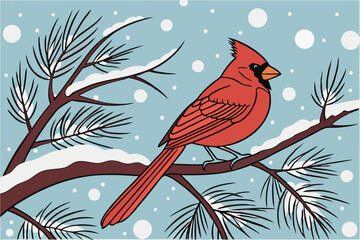  Cardinal bird, snowy winter scene, pine branch, red feathers, vibrant colors, detailed plumage, bokeh snow effect, blue background, nature photography, close-up, festive atmosphere, wildlife portra