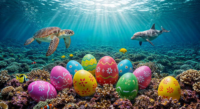 Colorful Easter eggs on coral reef with sea turtle and dolphin isolated on a transparent background